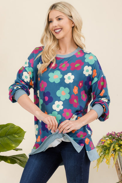 Celeste Full Size Side Slit Flower Print Long Sleeve Top