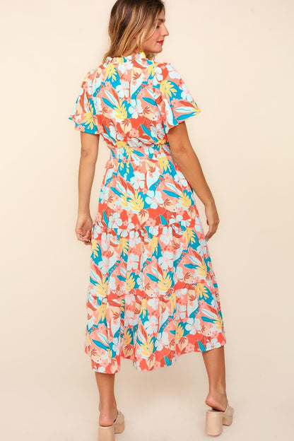 Haptics Full Size Tropical Floral Tiered Dress with Side Pockets