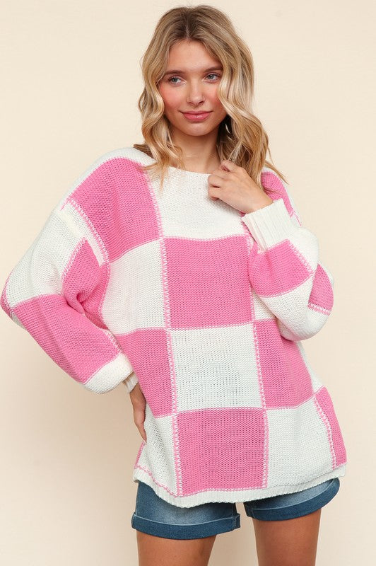 Haptics Full Size Checkered Round Neck Drop Shoulder Sweater