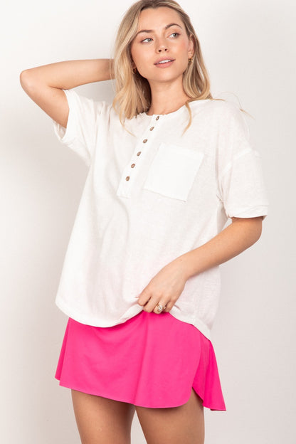 VERY J Twisted Sleeve Band Half Button Top