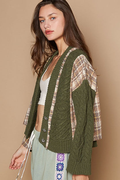 POL Cable-Knit Plaid V-Neck Button Up Cardigan