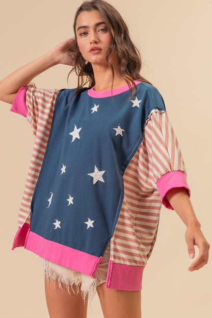 BiBi US Flag Theme Color Block Star Patch T-Shirt