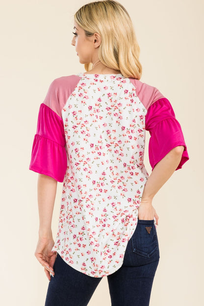 Celeste Full Size Floral Contrast Bell Sleeve Top