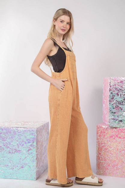 VERY J Texture Washed Wide Leg Overalls