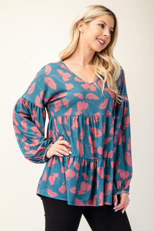 Celeste Full Size Tiered Floral V-Neck Long Sleeve Blouse