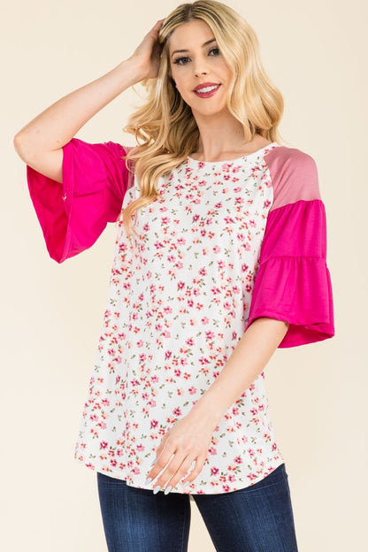 Celeste Full Size Floral Contrast Bell Sleeve Top