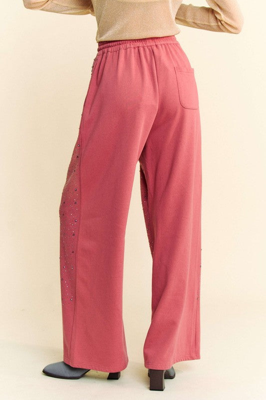 Davi & Dani Rhinestone Drawstring Wide Leg Pants