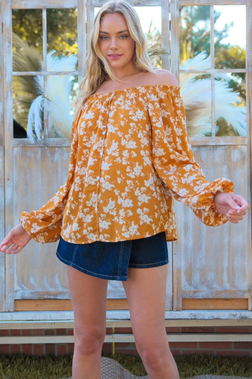 Hailey & Co Floral Off-Shoulder Balloon Sleeve Blouse