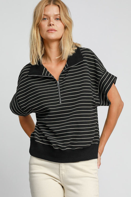 Umgee Striped Half Zip Short Sleeve Sweatshirt