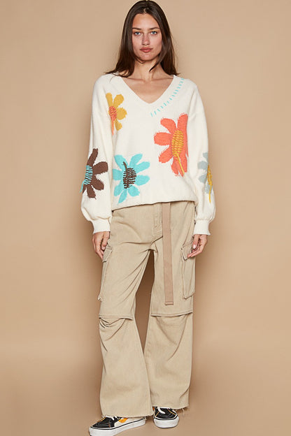 POL V-Neck Long Sleeve Flower Fringe Sweater