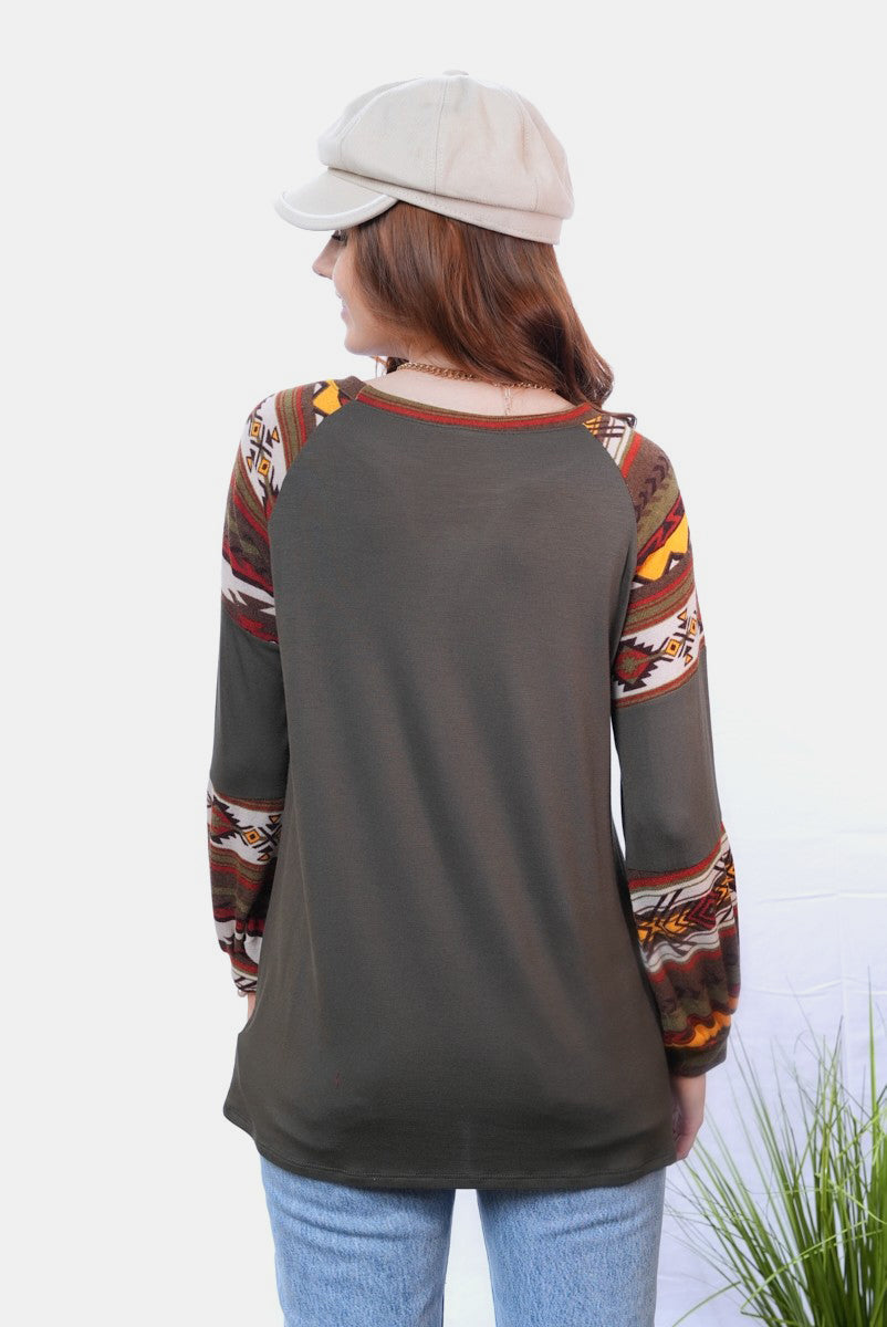 Celeste Full Size Geometric Round Neck Long Sleeve Top