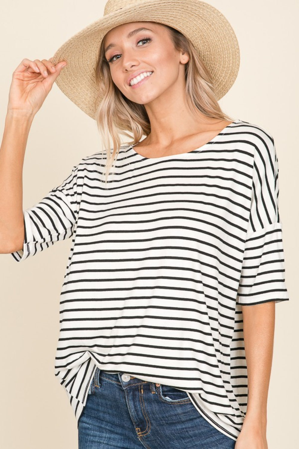 BOMBOM Striped Round Neck T-Shirt