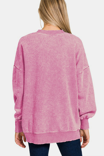 Zenana High-Low Acid Wash Fleece Sweatshirt