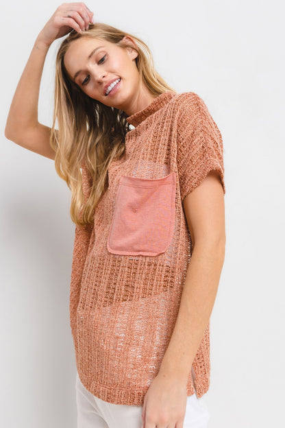 Ces Femme See Through Crochet Mock Neck Cover Up