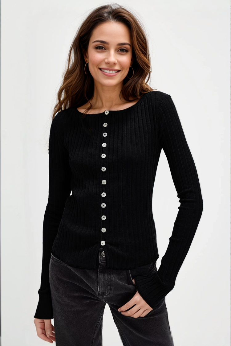 Basic Bae Texture Button Up Round Neck Long Sleeve Top