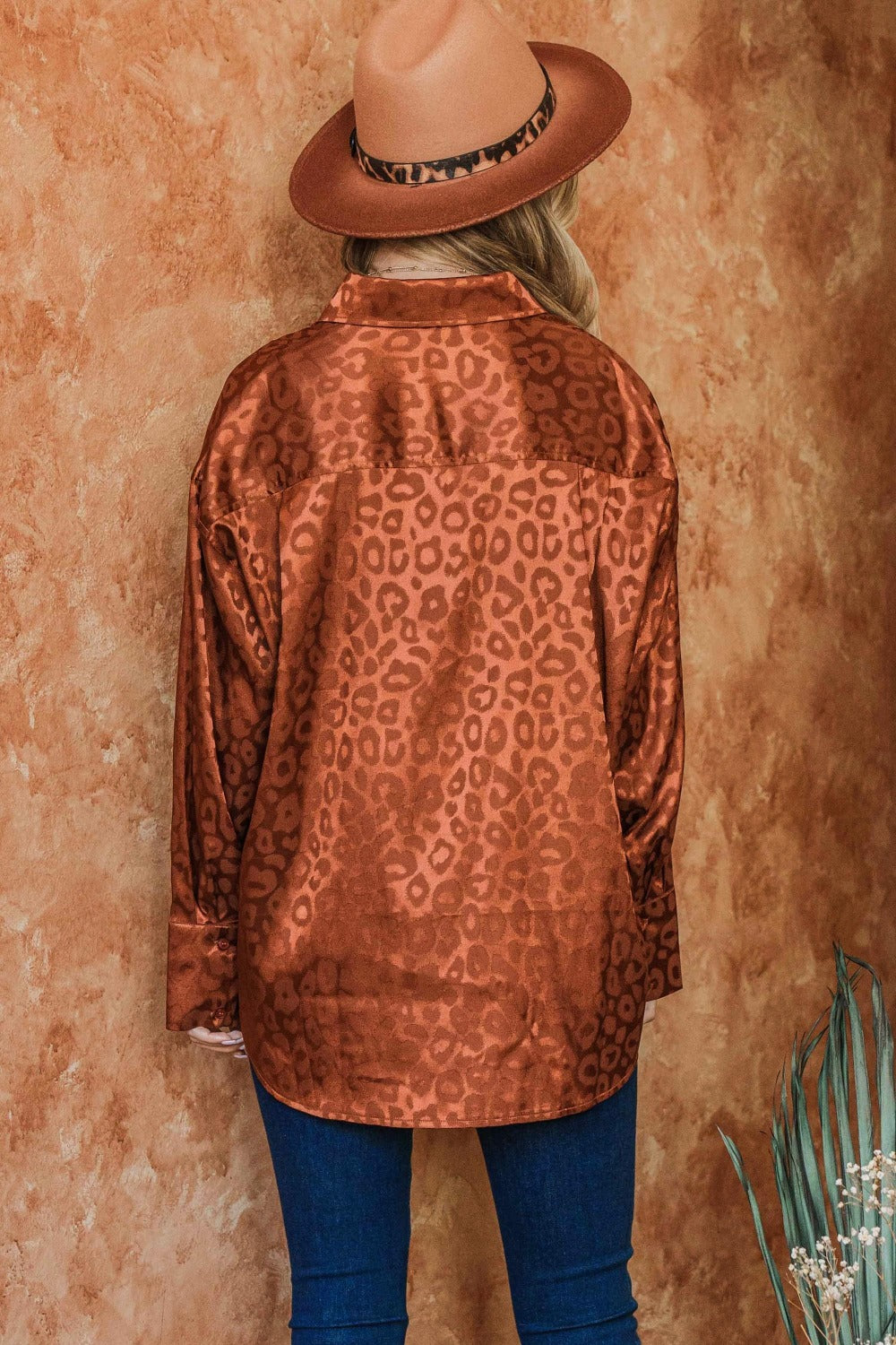 And The Why Satin Leopard Button Up Curved Hem Shirt