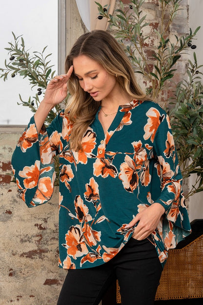 Sew In Love Full Size Wrinkle Free Floral Flounce Sleeve Top