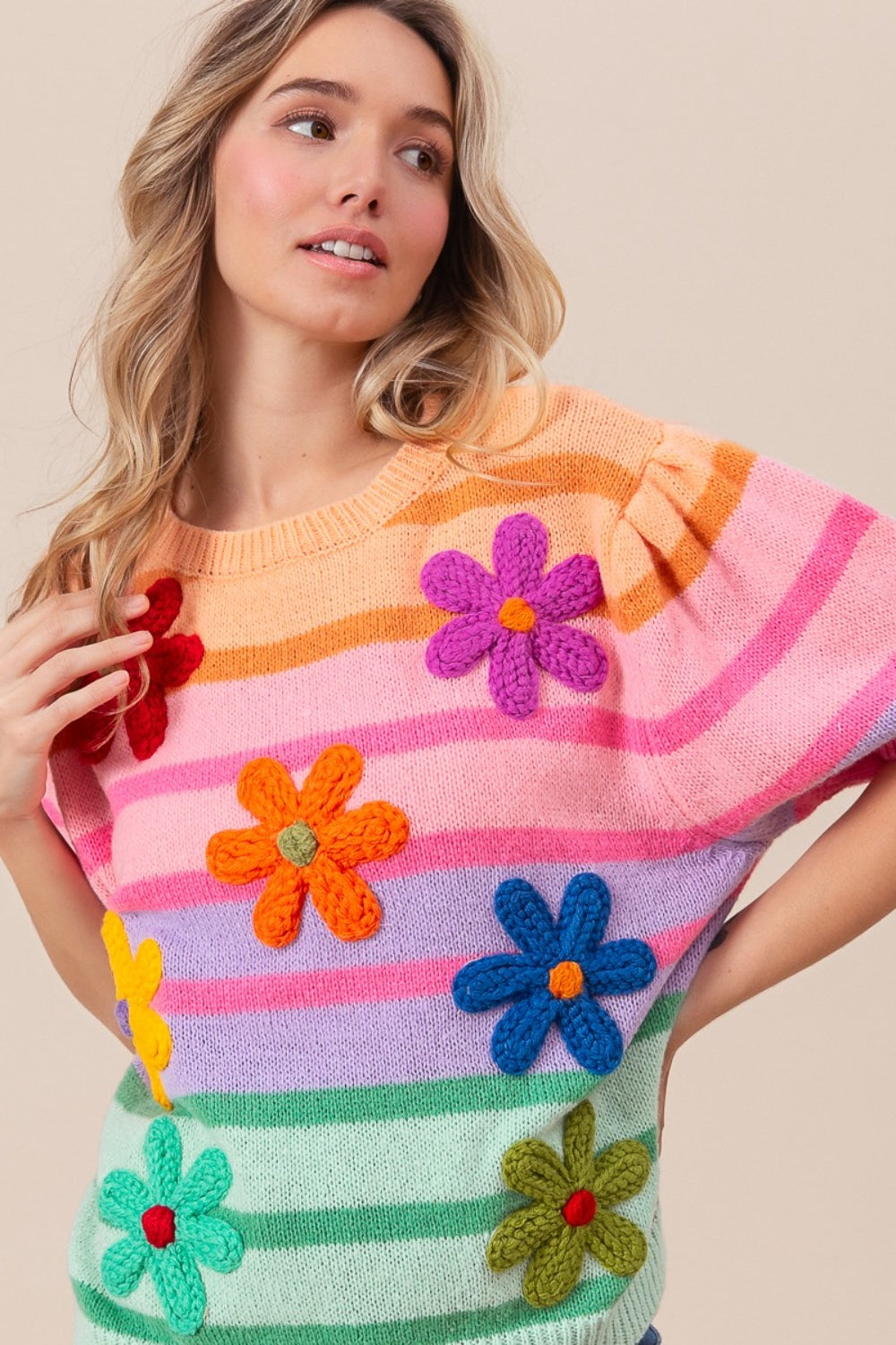 BiBi Flower Patch Puff Sleeve Striped Sweater