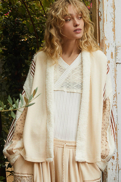 POL Open Front Waffle Knit Fleece Mix Cardigan