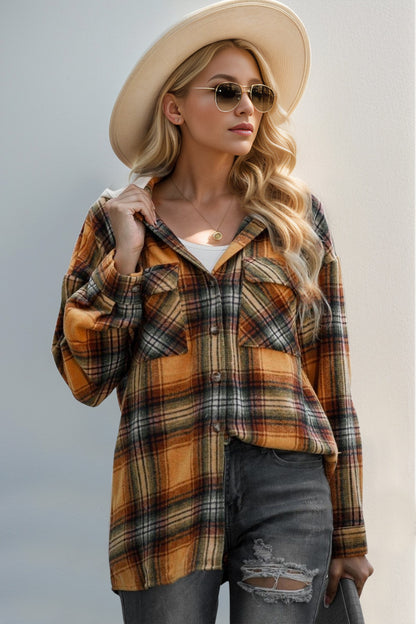 Double Take Drawstring Plaid Long Sleeve Hooded Shacket