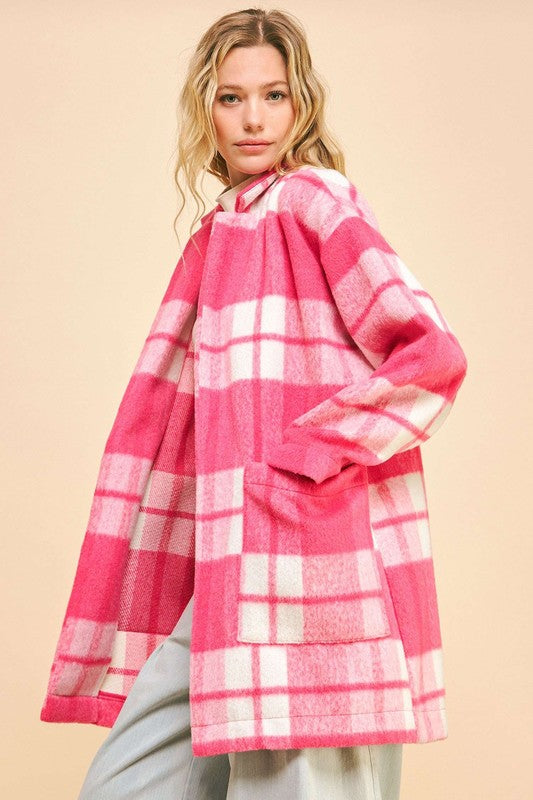 Davi & Dani Plaid Open Front Drop Shoulder Longline Coat