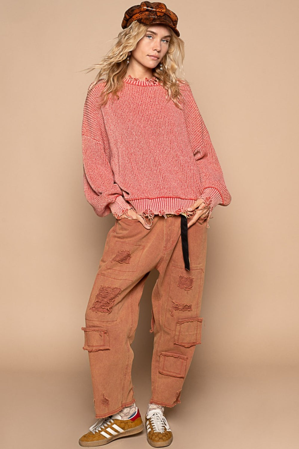 POL Distressed Washed Drop Shoulder Sweater