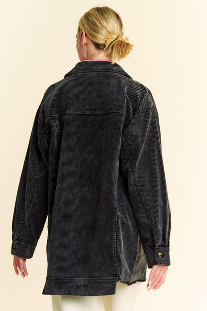 Davi & Dani Washed Corduroy Raw Hem Button Up Jacket