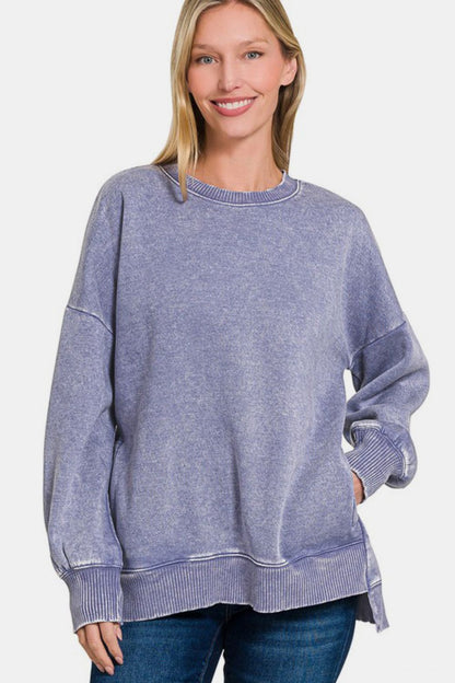 Zenana High-Low Acid Wash Fleece Sweatshirt