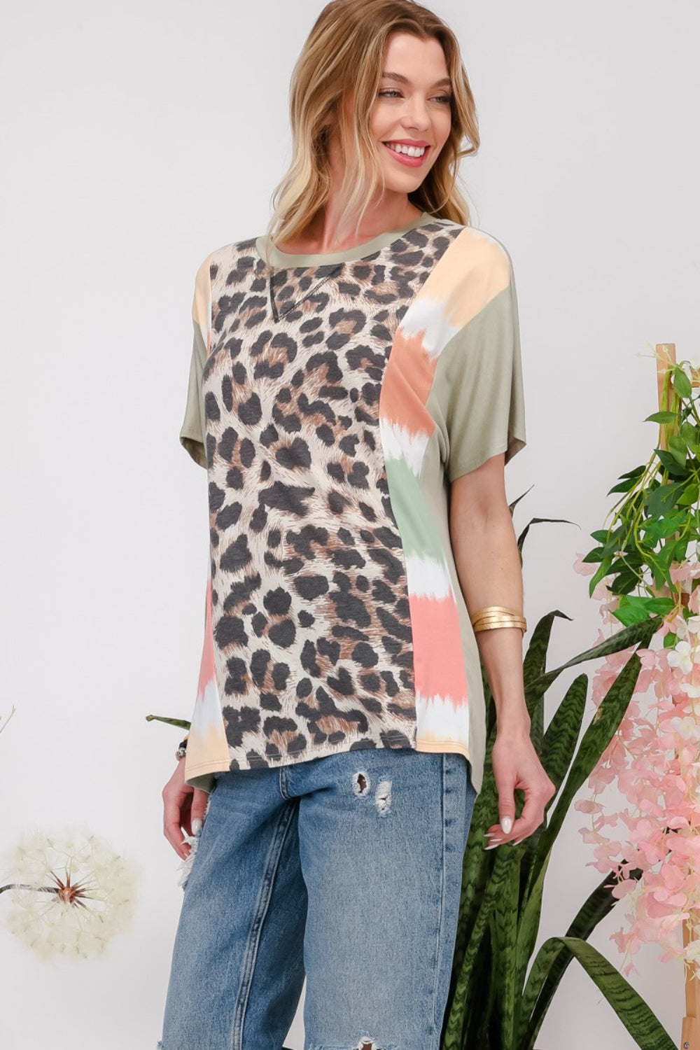 Celeste Full Size Leopard Color Block T-Shirt