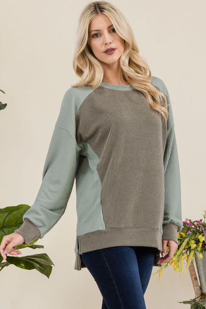 Celeste Full Size High-Low Contrast Round Neck Sweatshirt