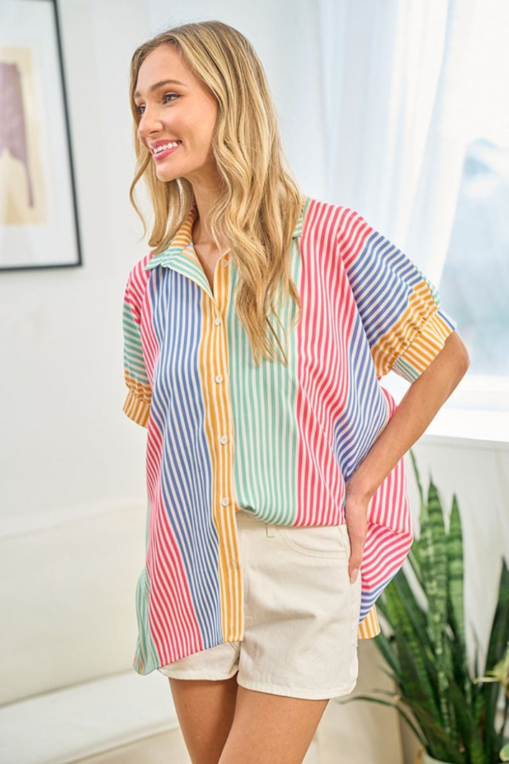 First Love Full Size Striped Button Down Short Sleeve Shirt