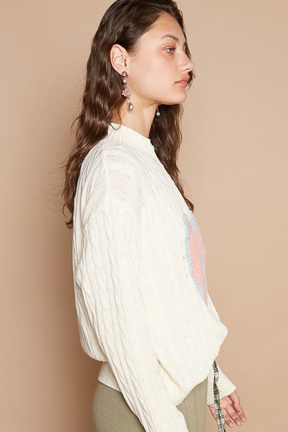 POL Cable-Knit Peace Patch Dropped Shoulder Sweater