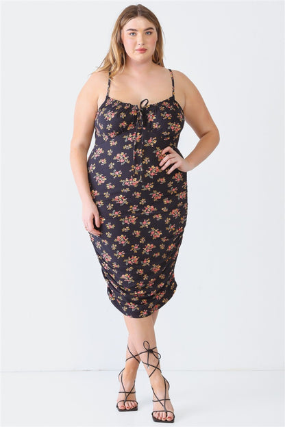 Blue Leopard Plus Size Ruched Floral Square Neck Cami Dress