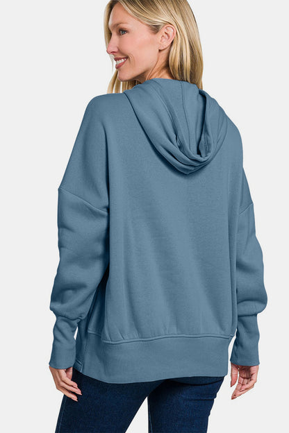 Zenana Half Snap Long Sleeve Hoodie with Kangaroo Pocket