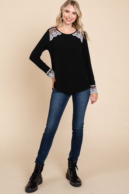 Super Lady Full Size Lace Detail Round Neck T-Shirt