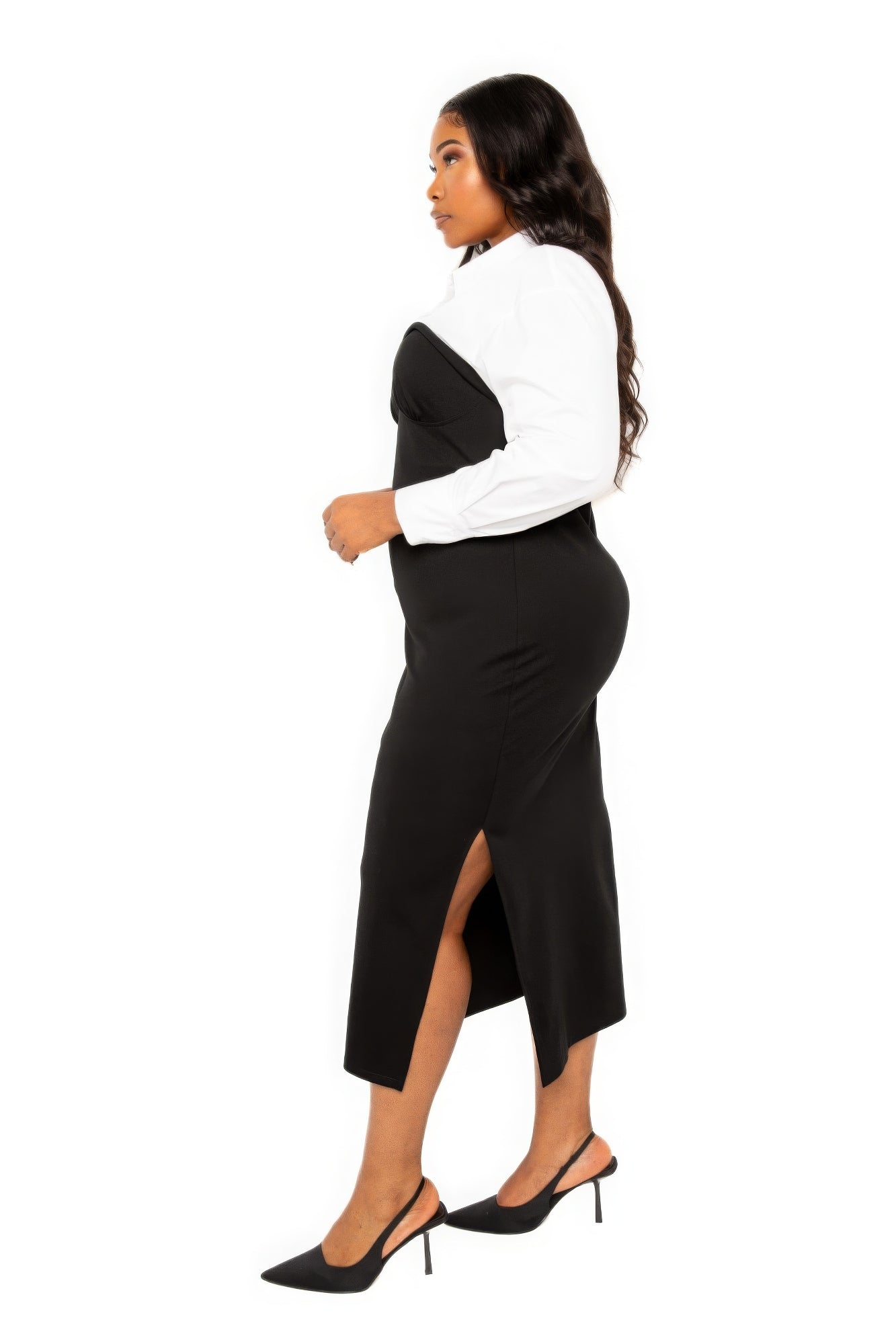 Collared Shirt Bodycon Midi Dress With Side Slit