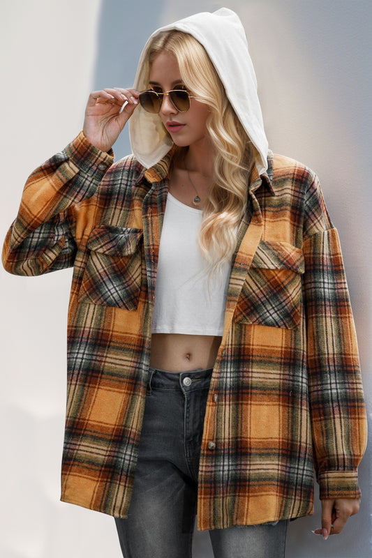 Double Take Drawstring Plaid Long Sleeve Hooded Shacket