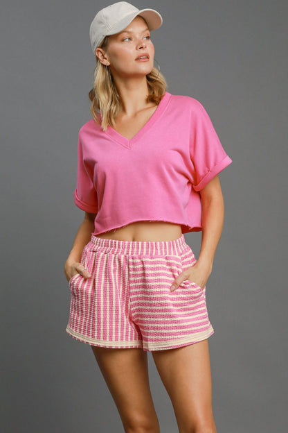 Umgee Elastic Waist Striped Shorts with Pockets- Pink