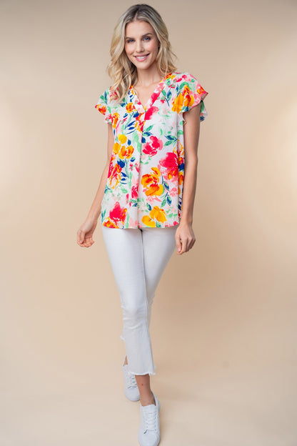 White Birch Full Size Short Sleeve Floral Woven Top