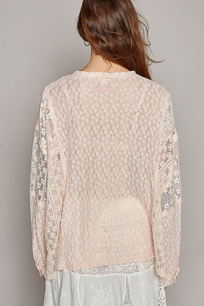 POL Round Neck Long Sleeve Raw Edge Lace Top