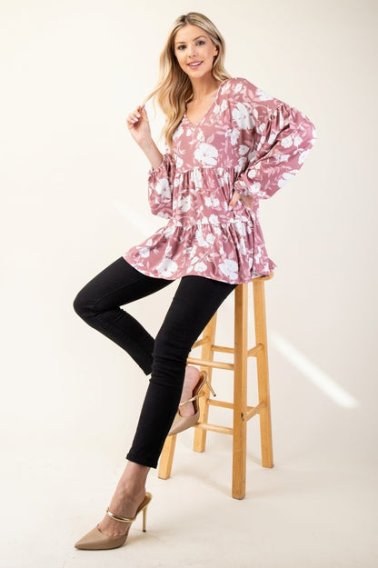 Celeste Full Size Tiered Floral V-Neck Long Sleeve Blouse