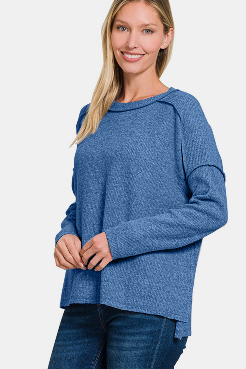 Zenana Full Size Exposed Seam Brushed Round Neck Sweater