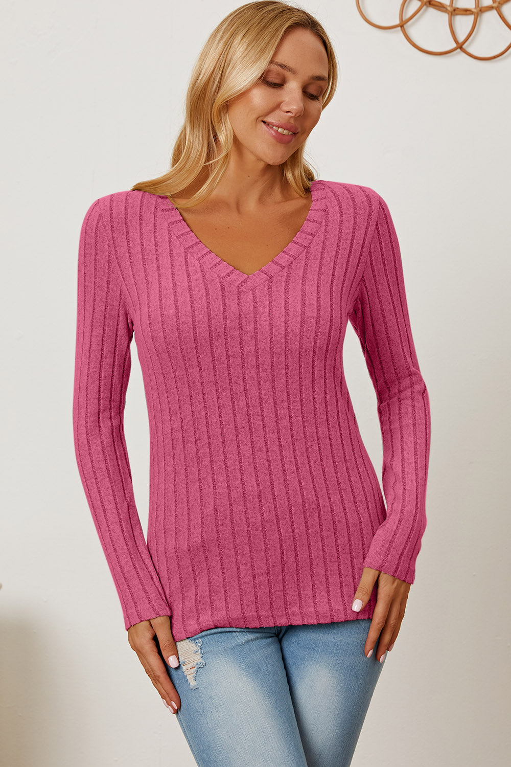 Basic Bae Full Size Ribbed V-Neck Long Sleeve T-Shirt