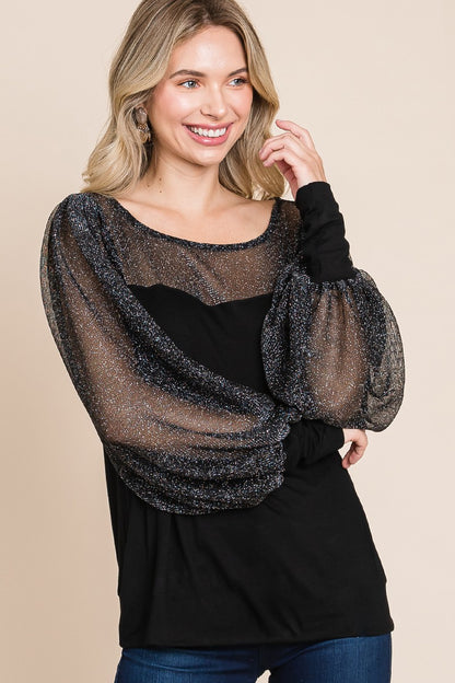 Super Lady Full Size Metallic Mesh Lantern Sleeve Blouse