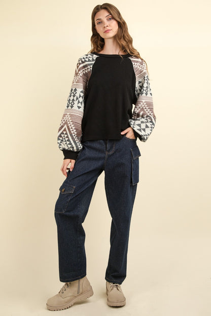 VERY J Printed Long Sleeve Round Neck Knit Top