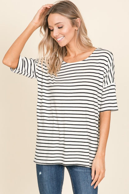 BOMBOM Striped Round Neck T-Shirt