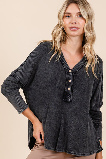 Mittoshop Washed V-Neck Long Sleeve Blouse