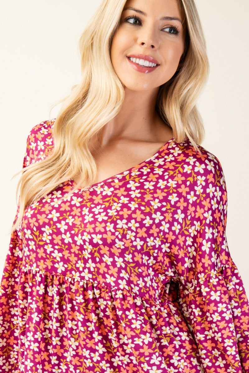 Celeste Full Size Floral V-Neck Balloon Sleeve Blouse