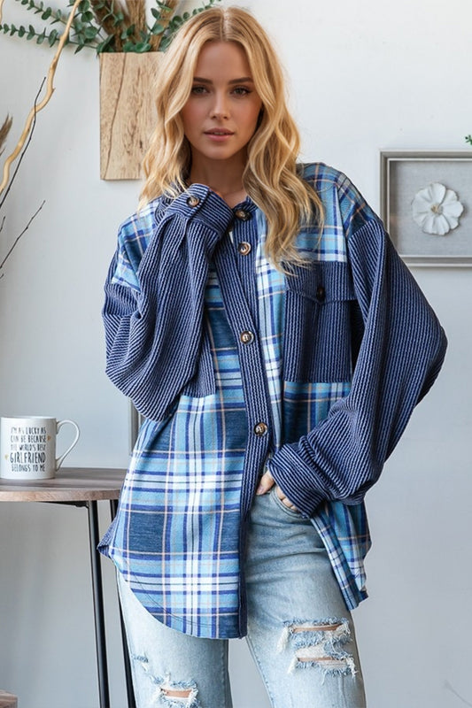 OH Plaid Button Up Long Sleeve Shacket with Breast Pockets