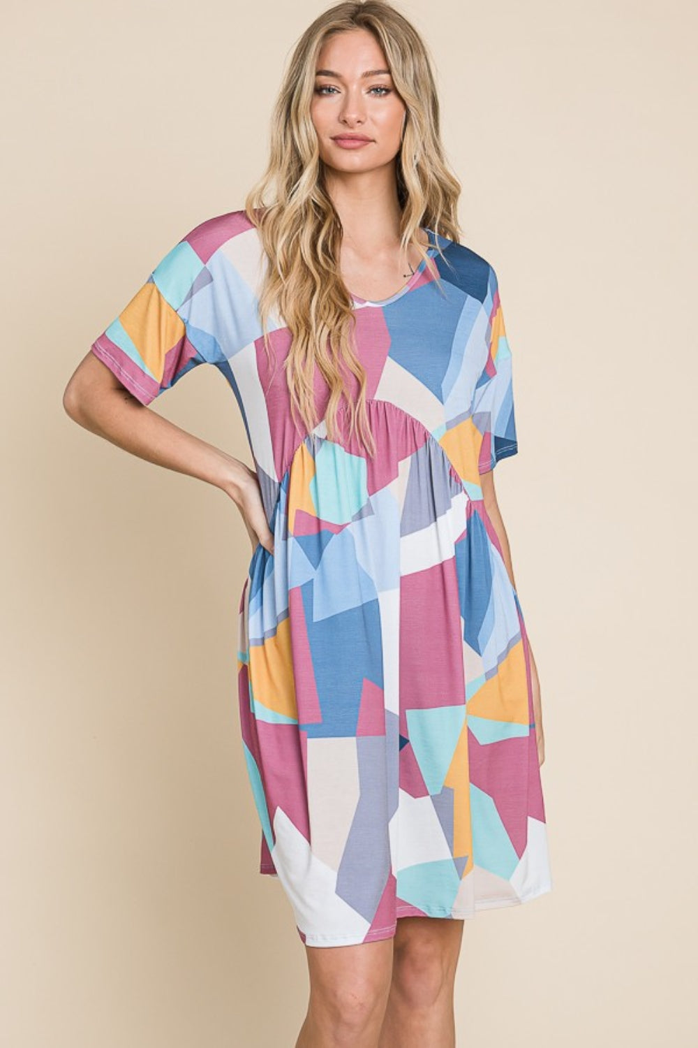 BOMBOM Ruched Color Block Short Sleeve Dress